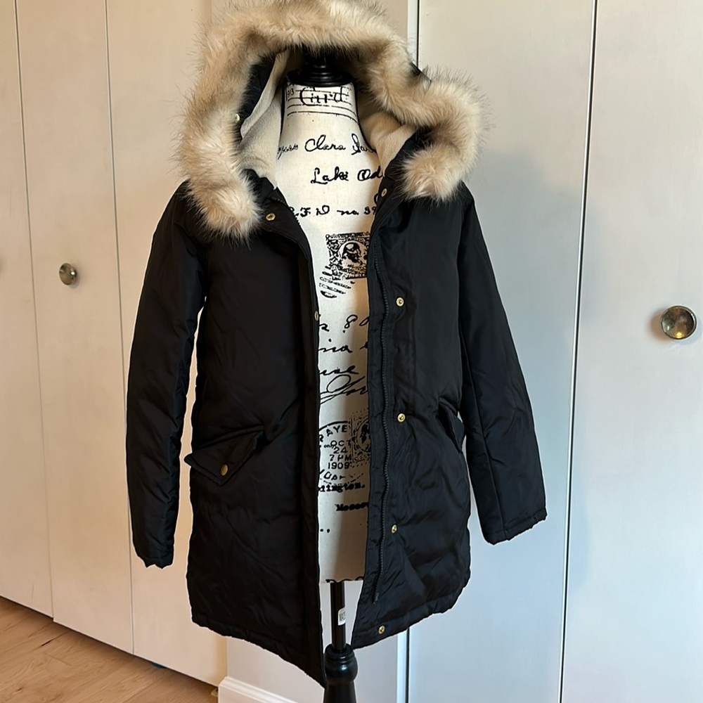 Crew cuts girls fishtail parka with fleece inner and removable fur hood size 12